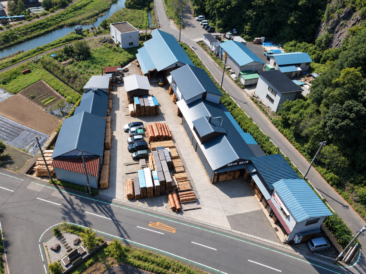 青空の木材加工場空撮